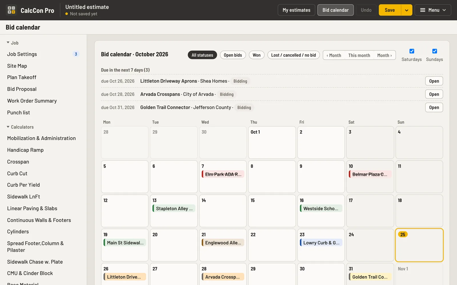 The Bid calendar: every bid on a month calendar by its due date, colored by status, with the bids due in the next 7 days listed above
