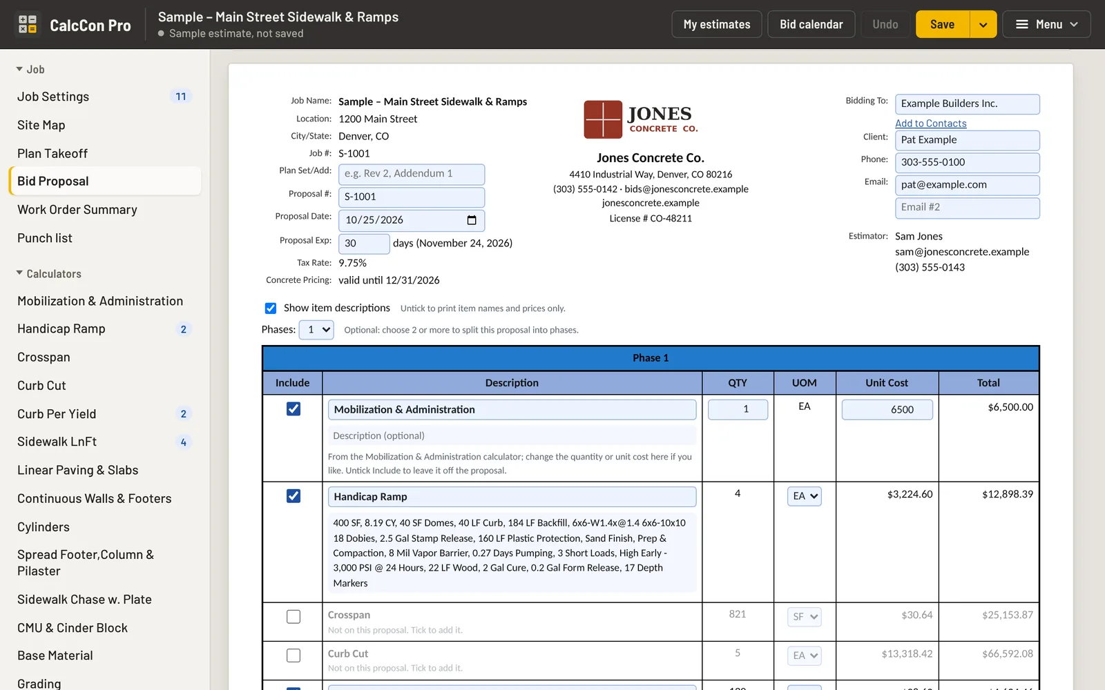 The Bid Proposal builder with the job, the client, the estimator and each line item